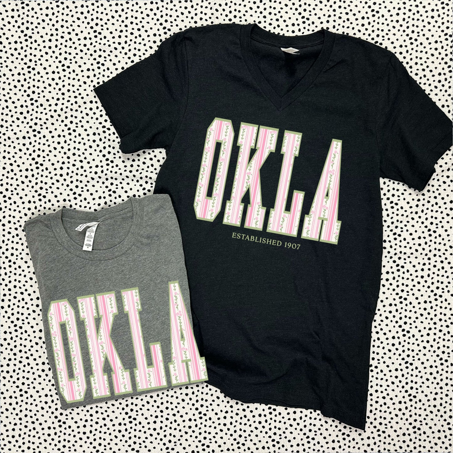 OKLAHOMA 2026: OKLA Coquette Floral Pattern (BELLA CANVAS VNECK or CREW NECK)