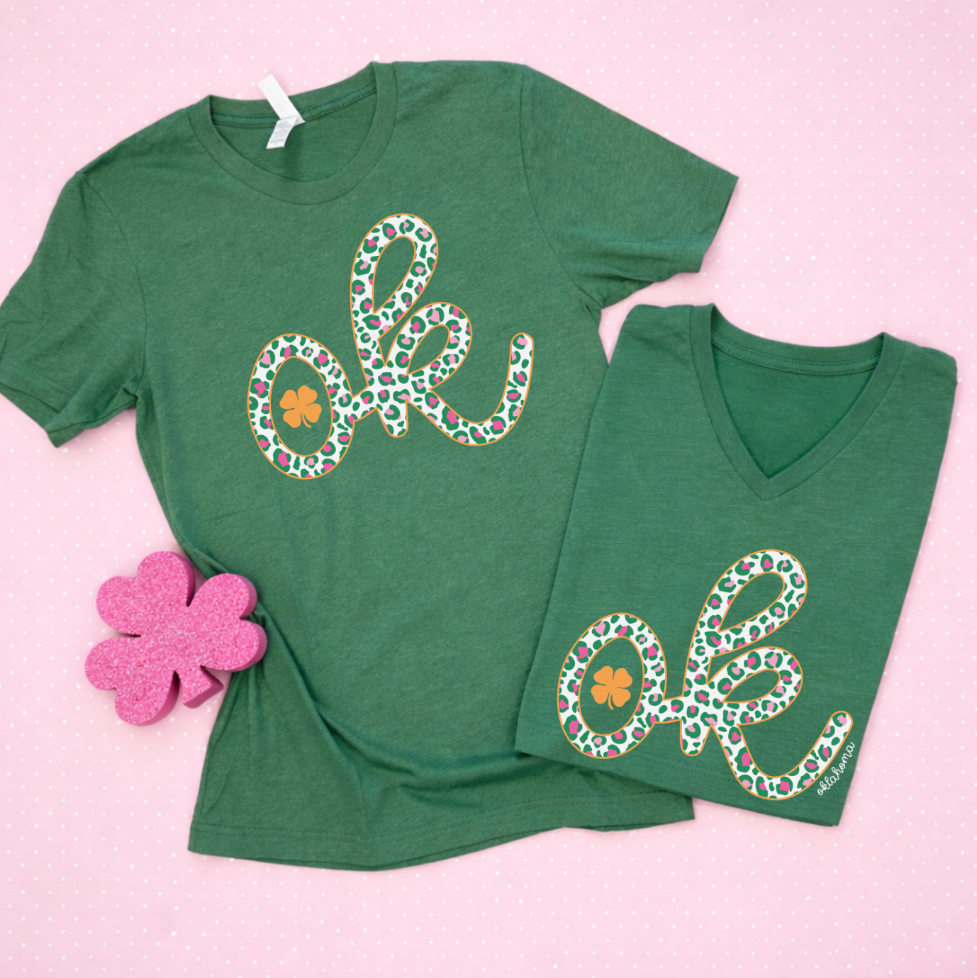 ST. PATTY 2026: OK Green & Pink Leopard + Gold Shimmer Ink (BELLA CANVAS VNECK or CREW NECK)