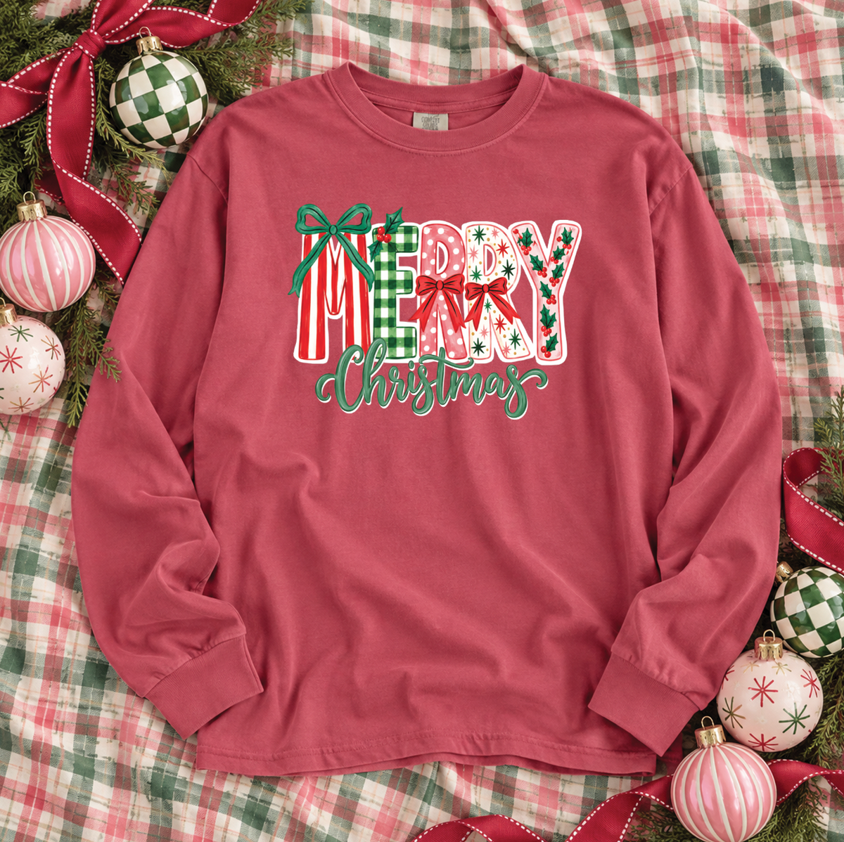 CHRISTMAS 2026: Merry Christmas Mixed Patterns (COMFORT COLORS SHORTSLEEVE or LONGSLEEVE)