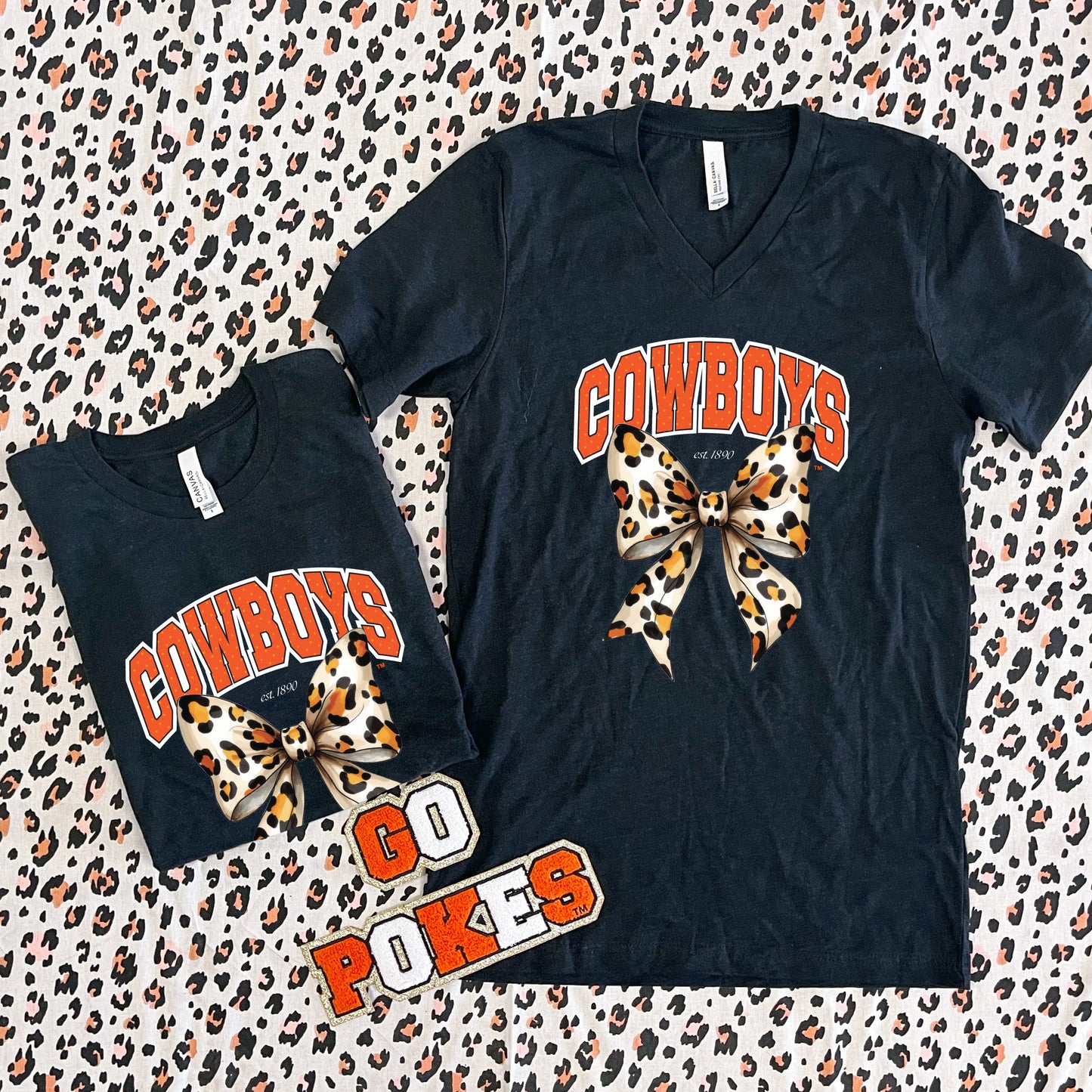 OK STATE 2025: Cowboys Leopard Bow (BELLA CANVAS VNECK)