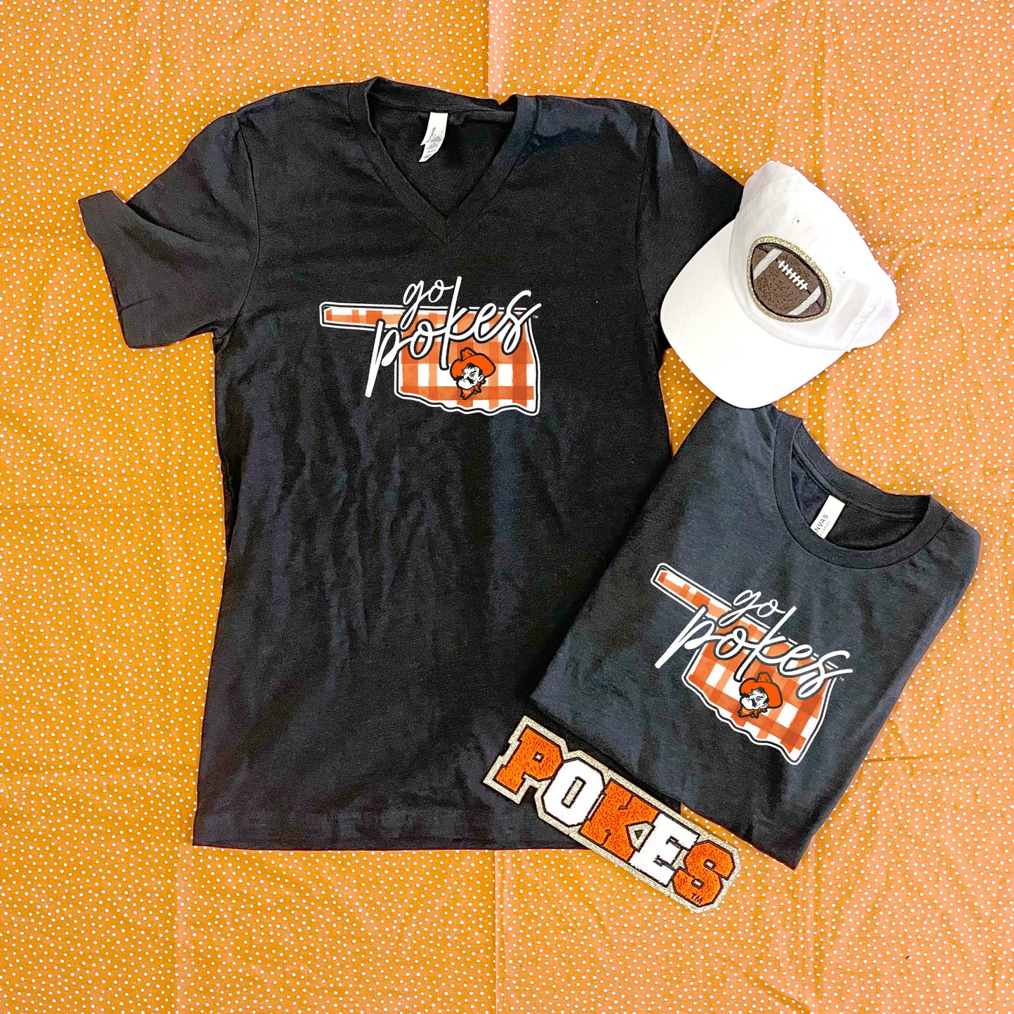 OK STATE 2025: Go Pokes Watercolor Plaid State (BELLA CANVAS VNECK)