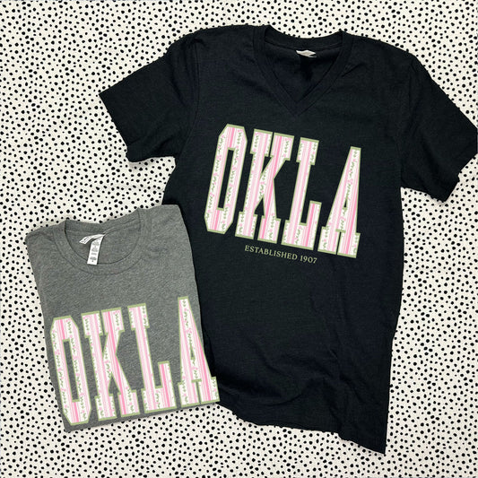 OKLAHOMA 2026: OKLA Coquette Floral Pattern (BELLA CANVAS VNECK or CREW NECK)