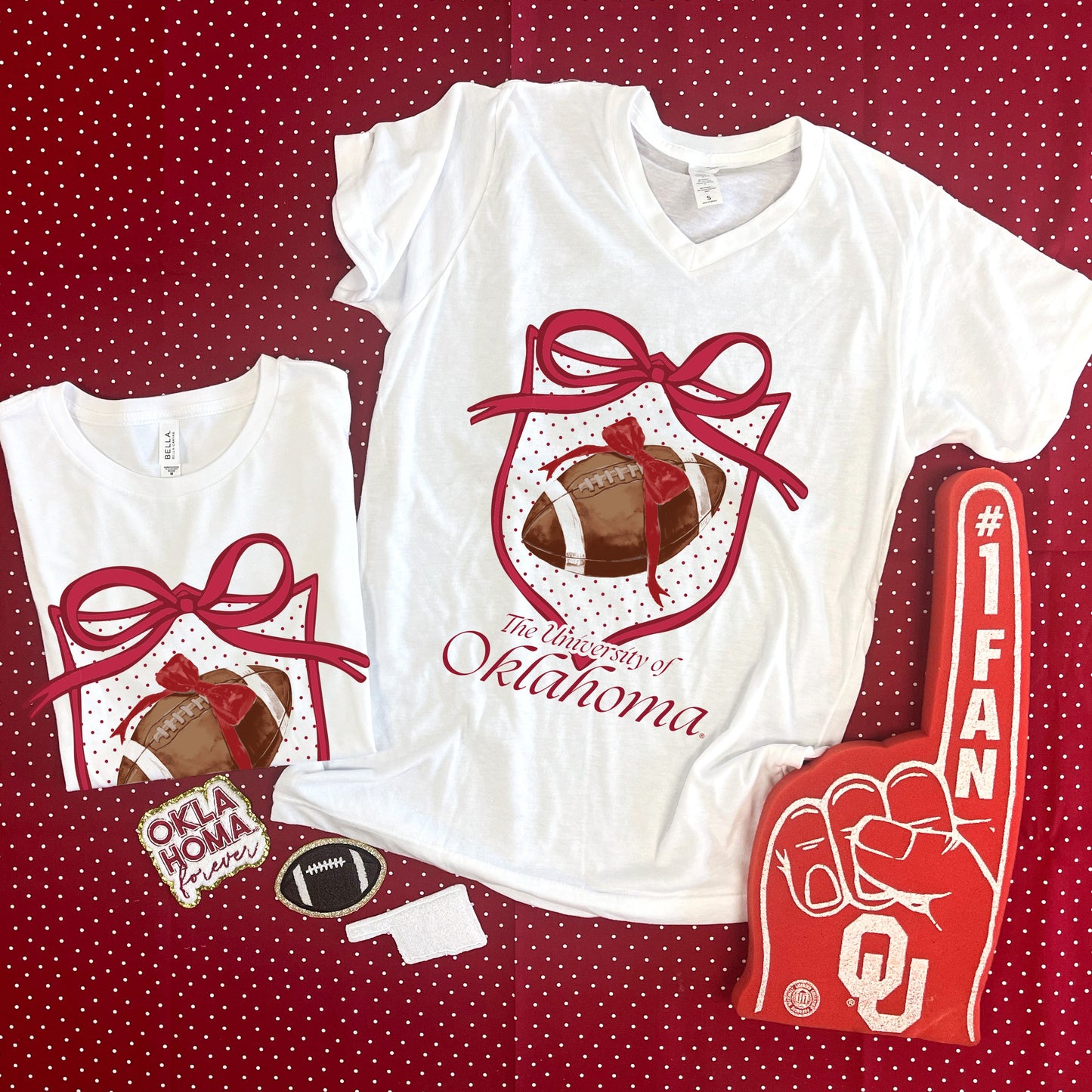 UNIV. OF OK 2025: Polkadot Crest & Football (BELLA CANVAS VNECK or CREW NECK)