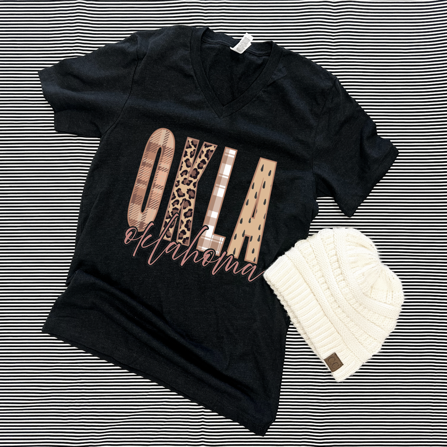 OKLAHOMA 2025: OKLA Fall Mixed Patterns (BELLA CANVAS VNECK)