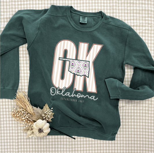OKLAHOMA 2025: OK Stripes & Floral Coquette (COMFORT COLORS SWEATSHIRT)