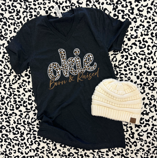 OKLAHOMA 2025: Okie Leopard Born & Raised *Gold Shimmer* (BELLA CANVAS VNECK)