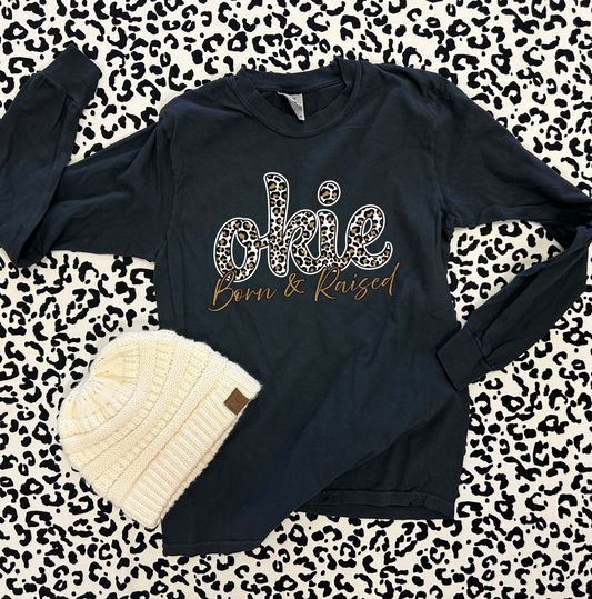 OKLAHOMA 2025: Okie Leopard Born & Raised *Gold Shimmer* (COMFORT COLORS LONGSLEEVE)