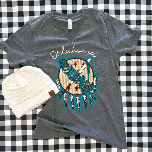 OKLAHOMA 2025: Striped Dreamcatcher (BELLA CANVAS VNECK)