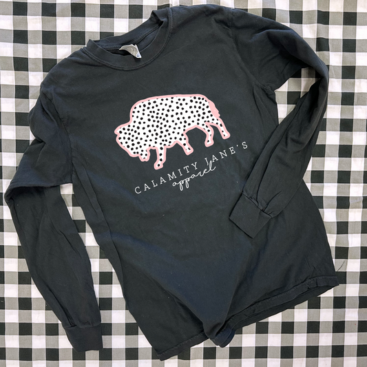 CJ LOGO: Messy Polkadots Pink & Black (COMFORT COLORS LONGSLEEVE)