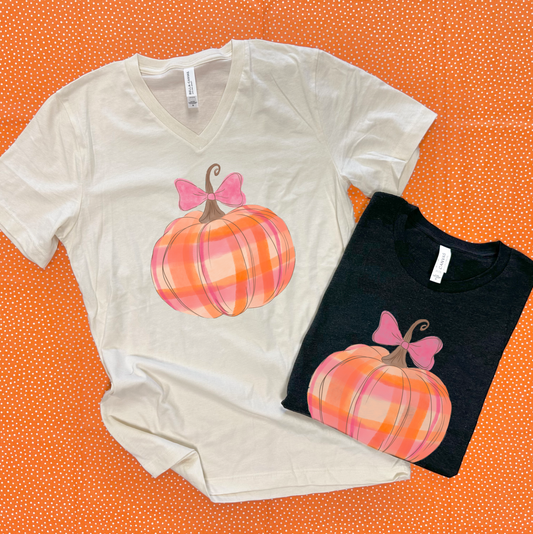 HALLOWEEN 2025: Watercolor Plaid Pumpkin (BELLA CANVAS VNECK)