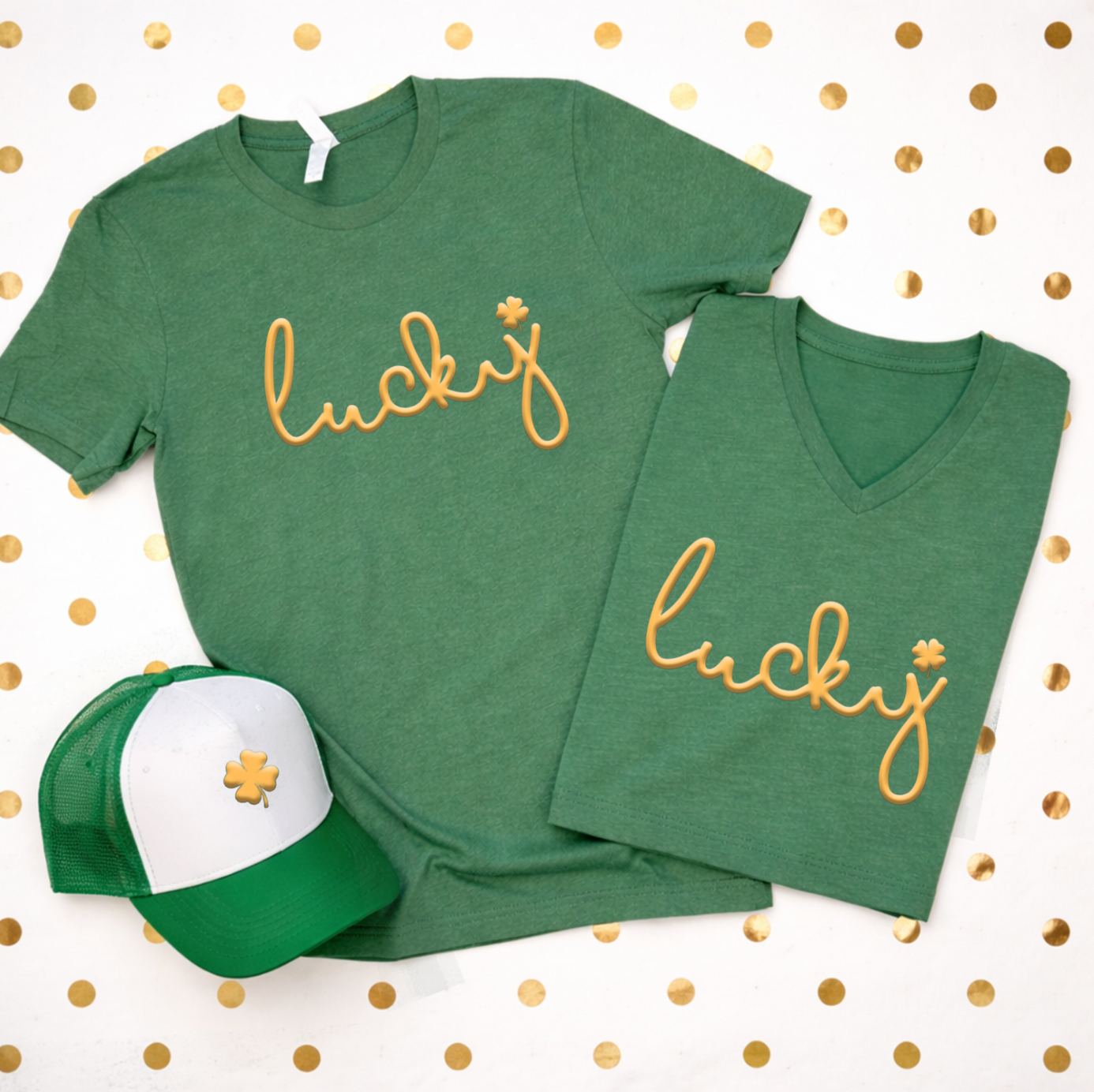 ST. PATTY 2026: "Lucky" Metallic Gold PUFF PRINT (BELLA CANVAS VNECK or CREW NECK)