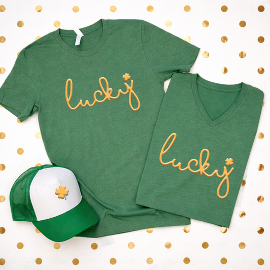ST. PATTY 2026: "Lucky" Metallic Gold PUFF PRINT (BELLA CANVAS VNECK or CREW NECK)