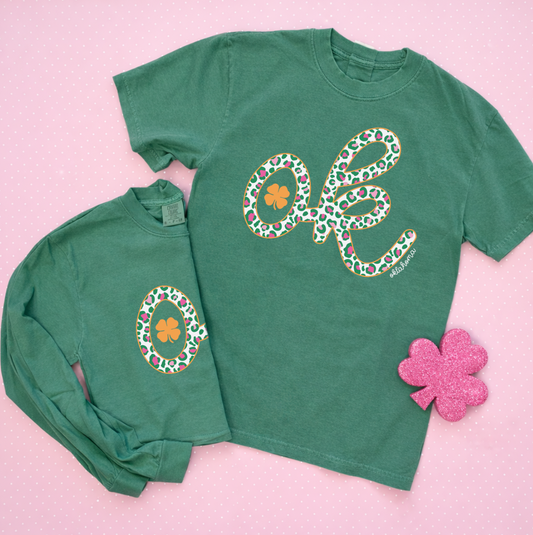 ST. PATTY 2026: OK Green & Pink Leopard + Gold Shimmer Ink (COMFORT COLORS SHORTSLEEVE or LONGSLEEVE)