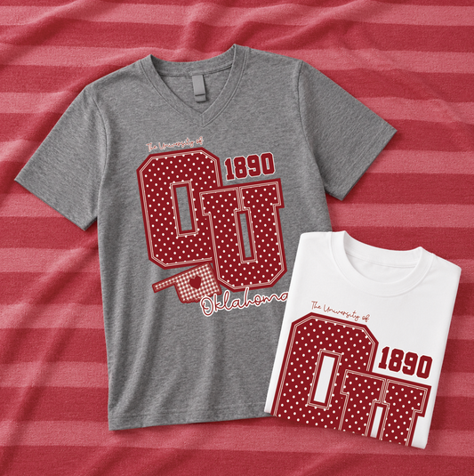 UNIV. of OKLAHOMA 2026: Big OU Polkadot & Gingham (BELLA CANVAS VNECK or CREW NECK)