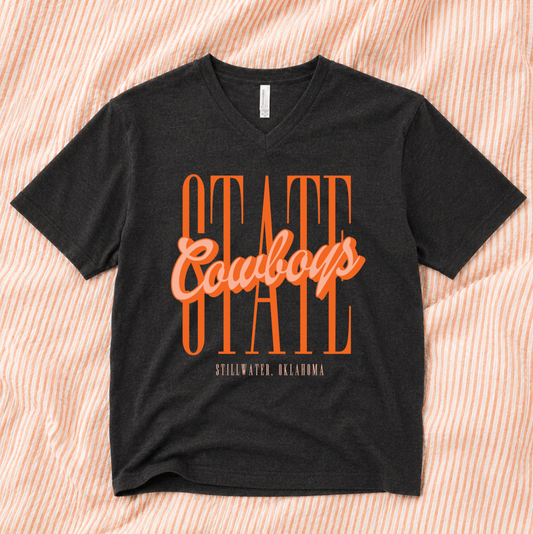 OK STATE 2026: STATE Cowboys Script (BELLA CANVAS VNECK or CREW NECK)