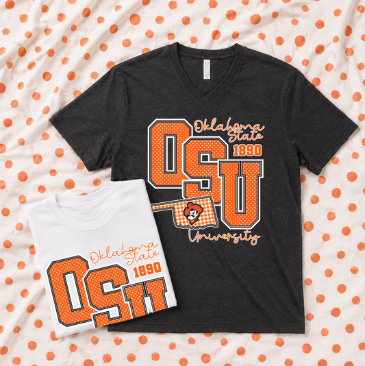 OK STATE 2026: Big OSU Polkadot & Gingham (BELLA CANVAS VNECK or CREW NECK)