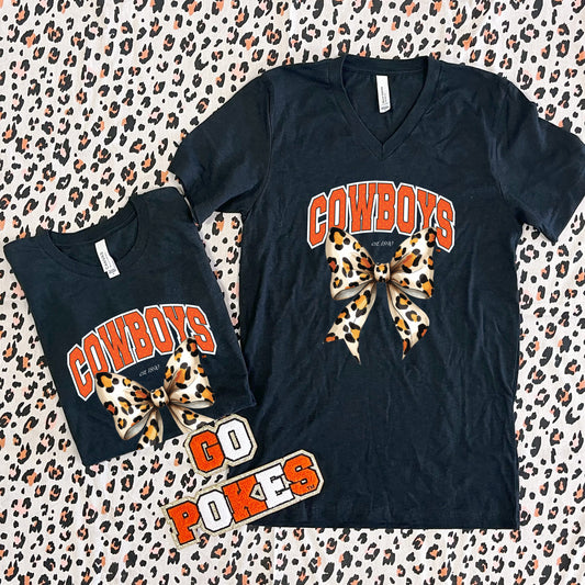 OK STATE 2025: Cowboys Leopard Bow (BELLA CANVAS VNECK)