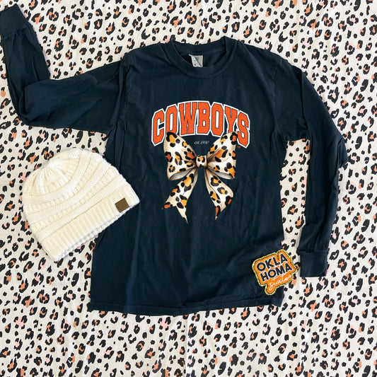 OK STATE 2025: Cowboys Leopard Bow (COMFORT COLORS LONGSLEEVE)