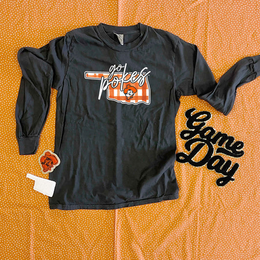 OK STATE 2025: Go Pokes Watercolor Plaid State (COMFORT COLORS LONGSLEEVE)