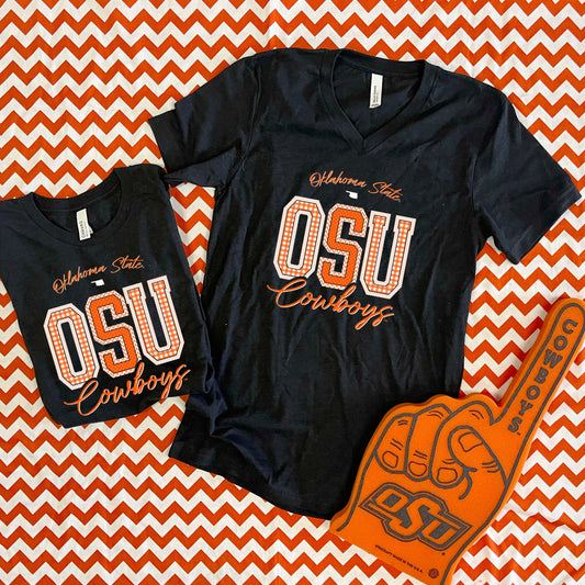 OK STATE 2025: OSU Mixed Pattern Gingham & Chevron (BELLA CANVAS VNECK)