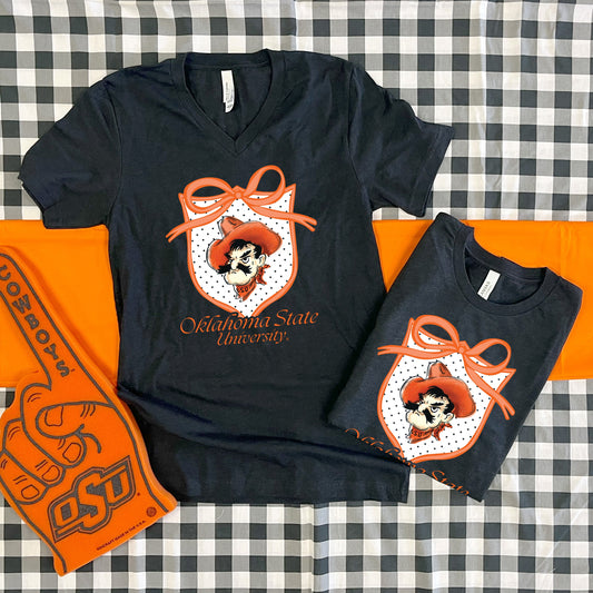 OK STATE 2025: Polkadot Crest & Pistol Pete (BELLA CANVAS VNECK)