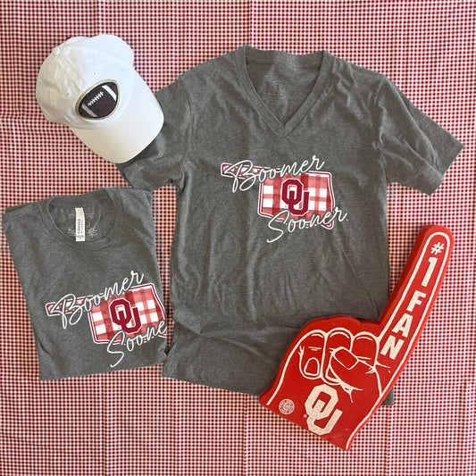 UNIV. OF OK 2025: Boomer Sooner Watercolor Plaid State (BELLA CANVAS VNECK or CREW NECK)